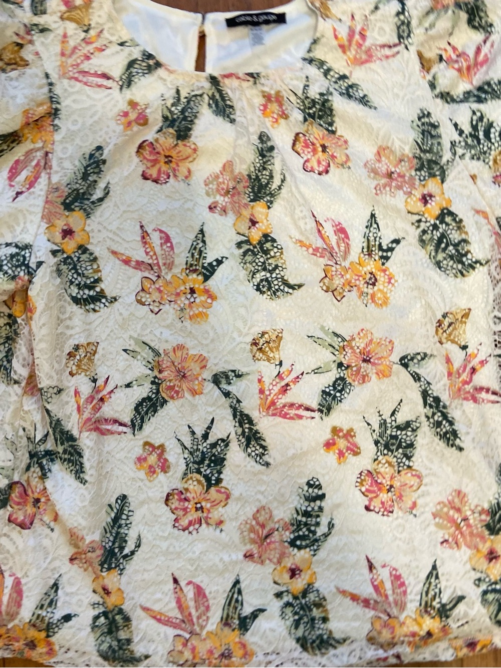 Cable & Gauge Cream Floral Lace Top with Pink and Yellow Accents, xl